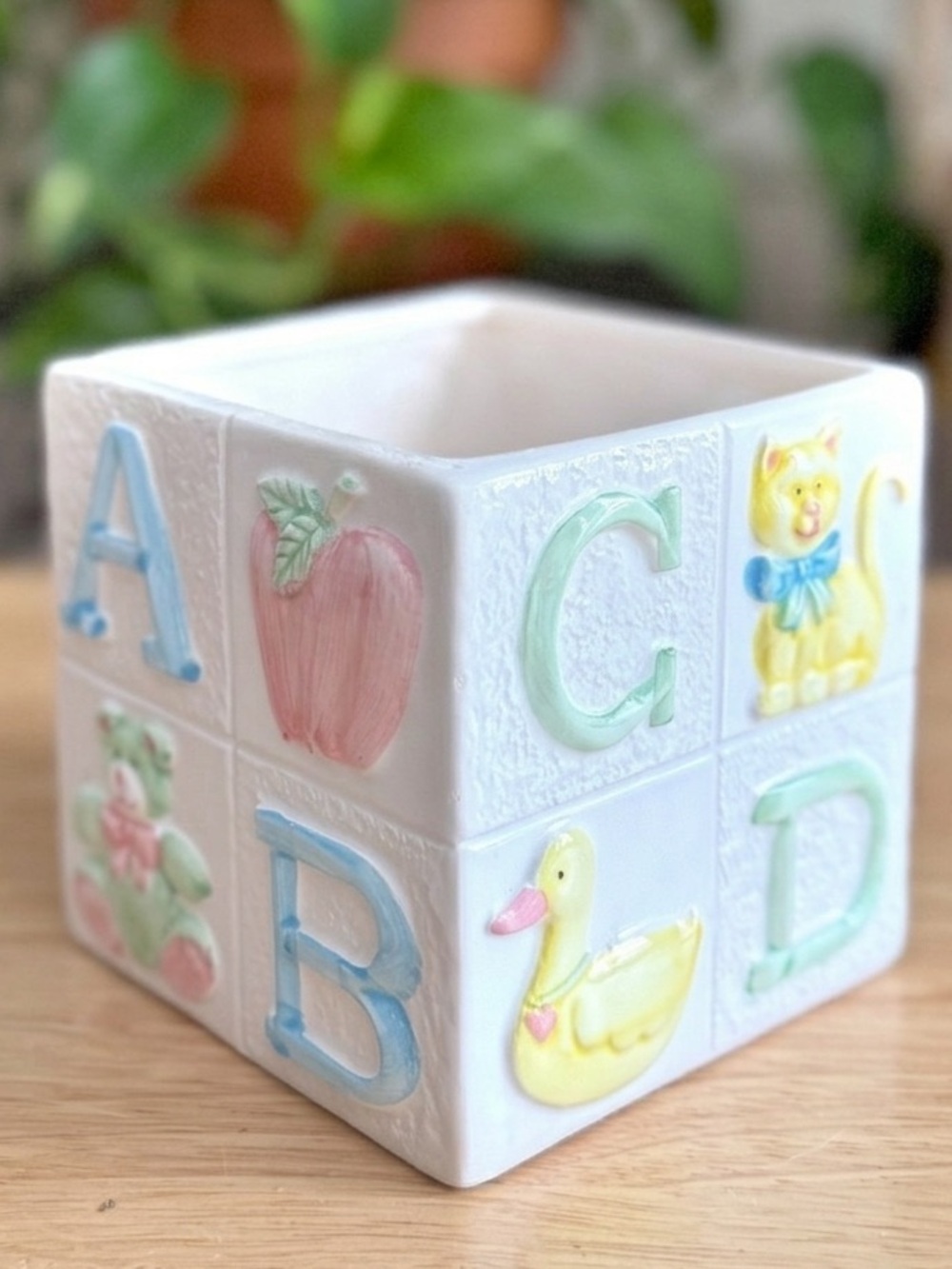 Vintage 1970s Inarco Ceramic Pastel ABC Baby Block Planter Nursery Shelf Decor